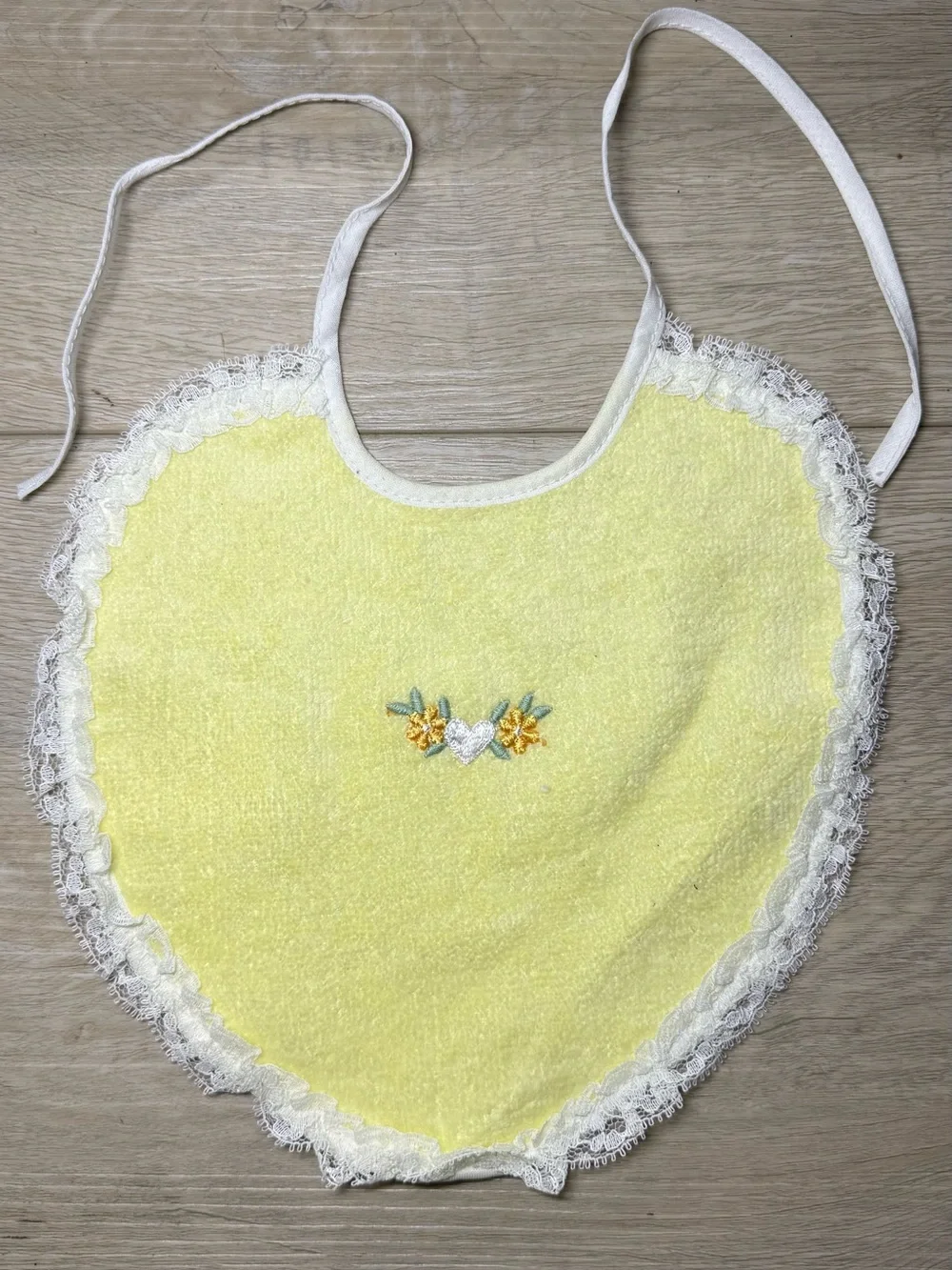 Vintage 1970s Ribbed Yellow & Embroidered Heart & Floral Baby Bib